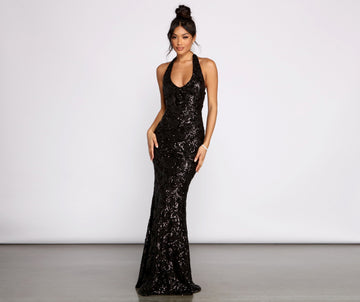 Haven Formal Sequin Scroll Halter Dress